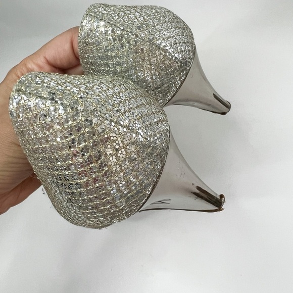 JIMMY CHOO Metallic Champagne Glitter Baxen Peep Toe Wedge 39.5 - Picture 5 of 6